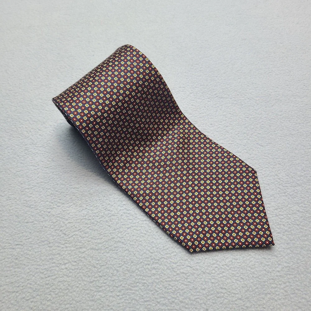Lauren Ralph Lauren Silk Tie Mens OS Navy Red Excellent Geometric Medallion